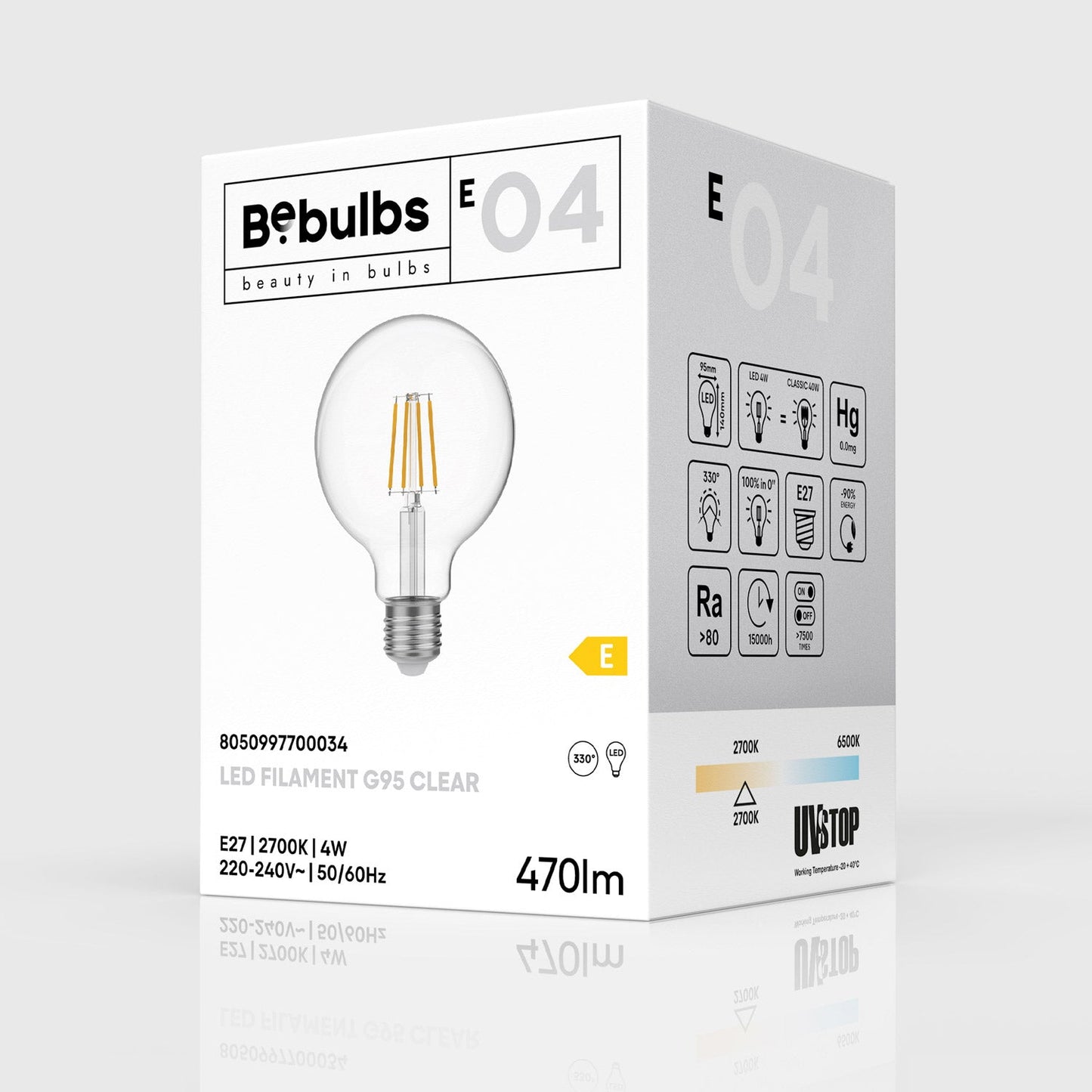 Lampadina LED Trasparente Globo G95 4W 470Lm E27 2700K - E04