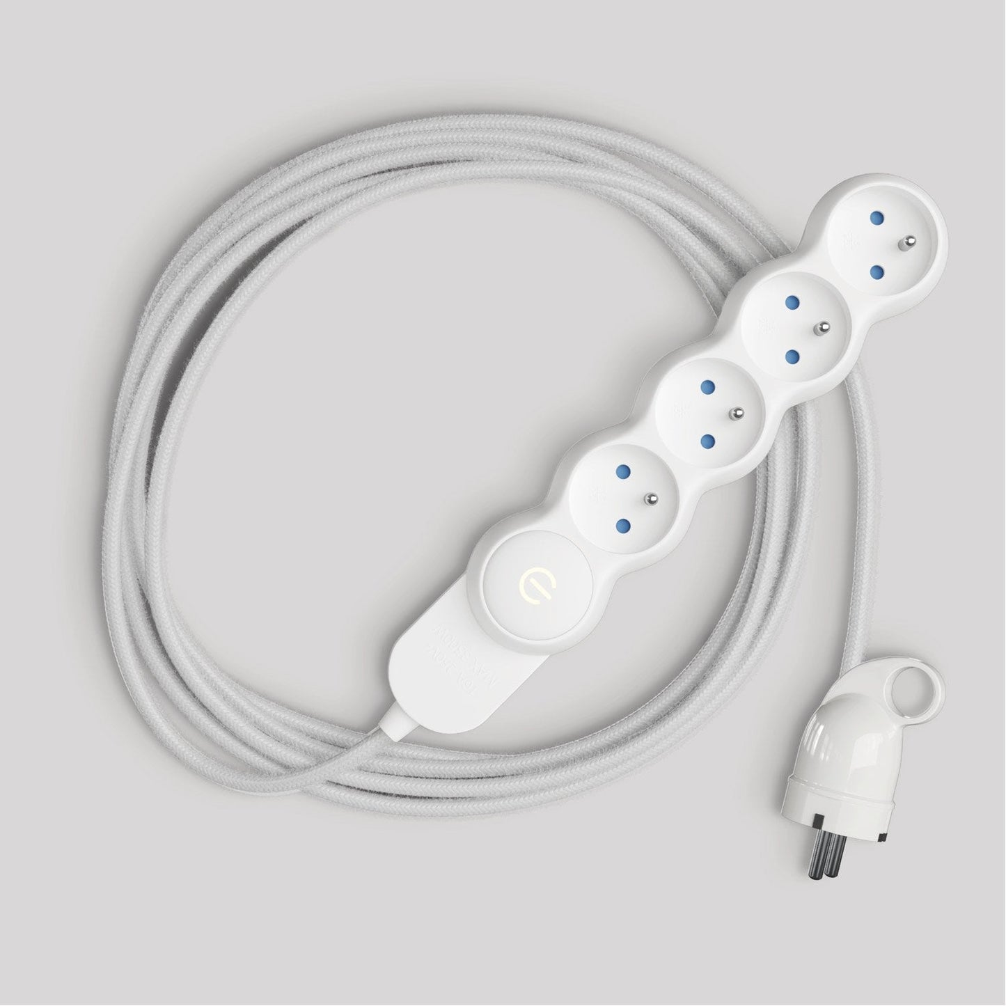 Multipresa francese con cavo in tessuto bianco lucido e spina Schuko con anello comfort