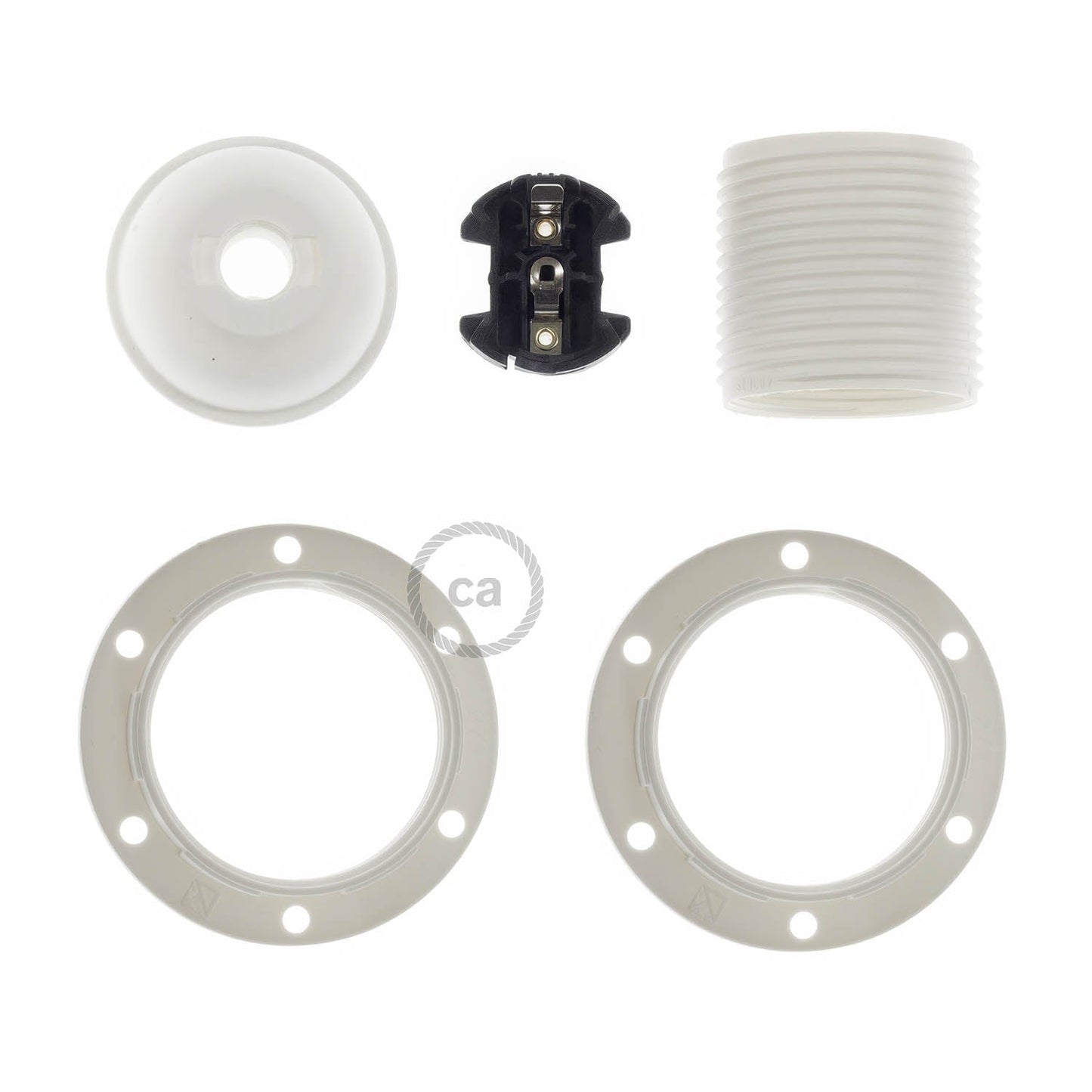Kit portalampada E27 in termoplastica con doppia ghiera per paralume - Bianco