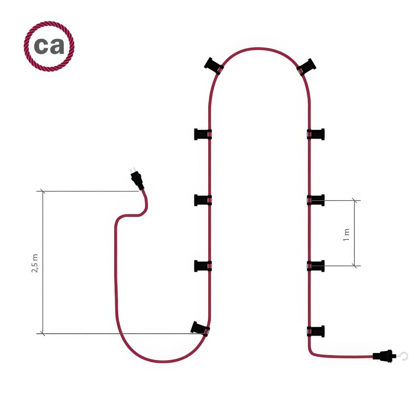 Catenaria Sistema Lumet da 12,5 m con cavo tessile CM09, 10 portalampada, gancio e spina bianchi