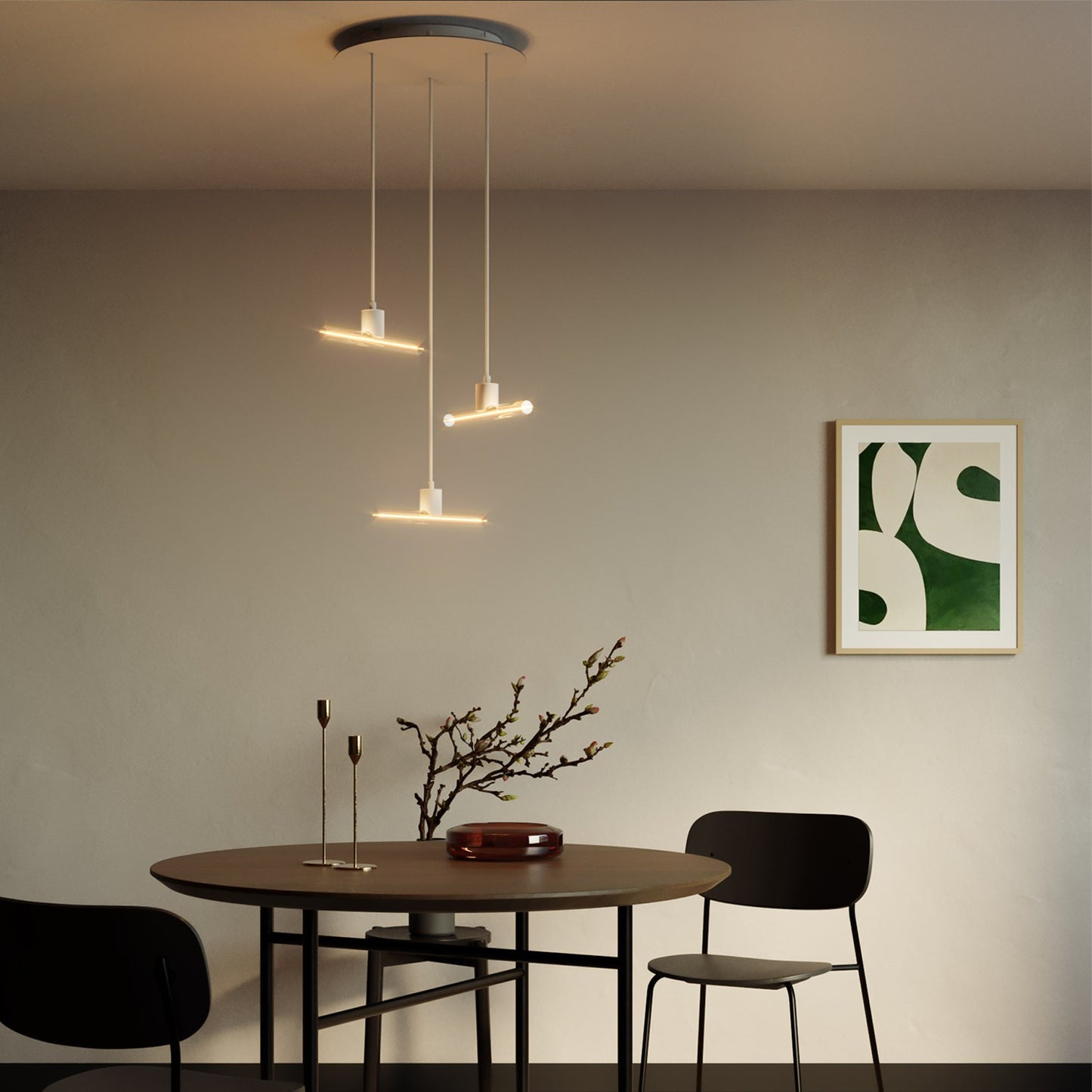 Esse14 suspension lamp with 3 asymmetrical falls comes with Rose-One complete with fabric cable and metal finishes