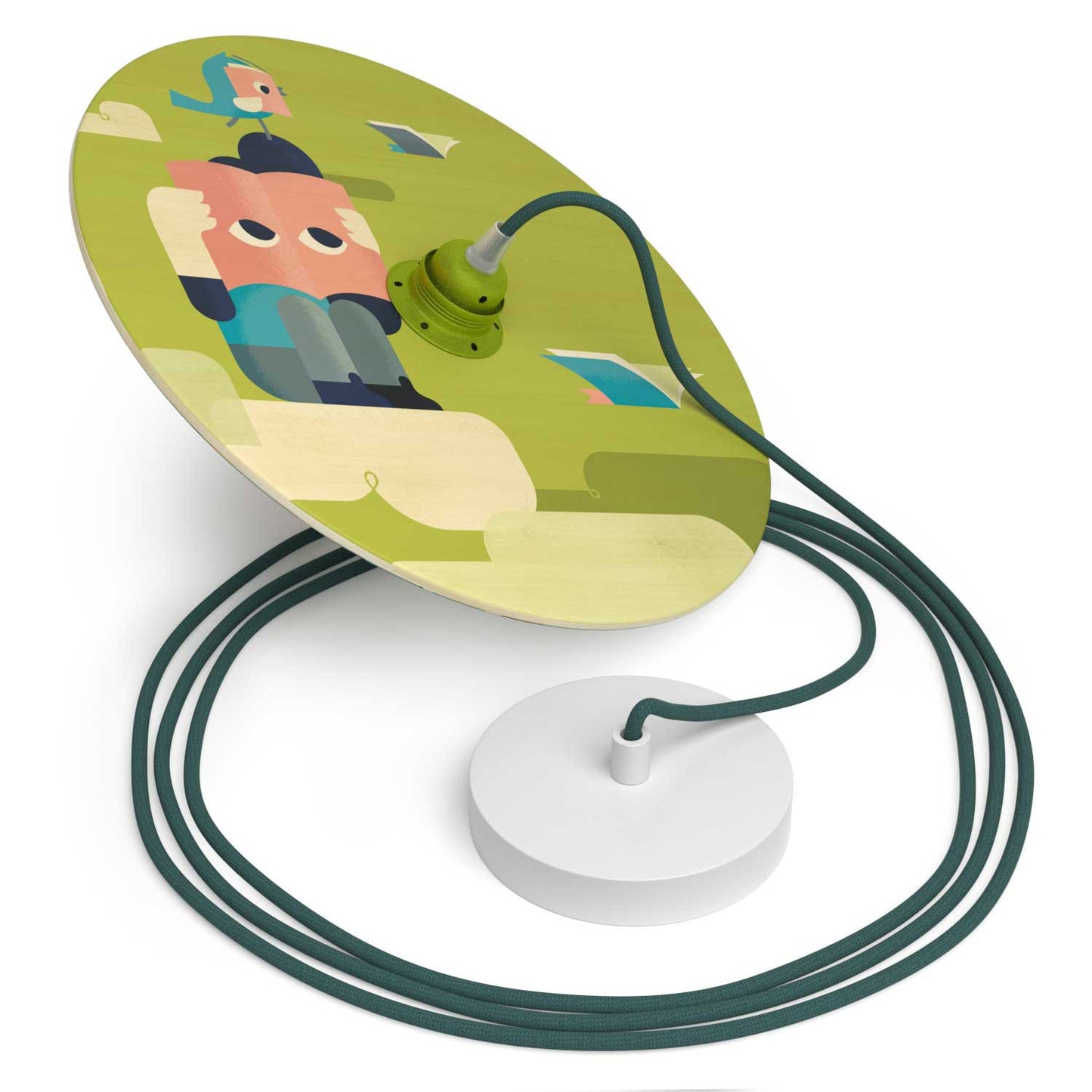 Pendant lamp with textile cable, UFO double-sided wooden lampshade and metal details - Made in Italy - Bulb included