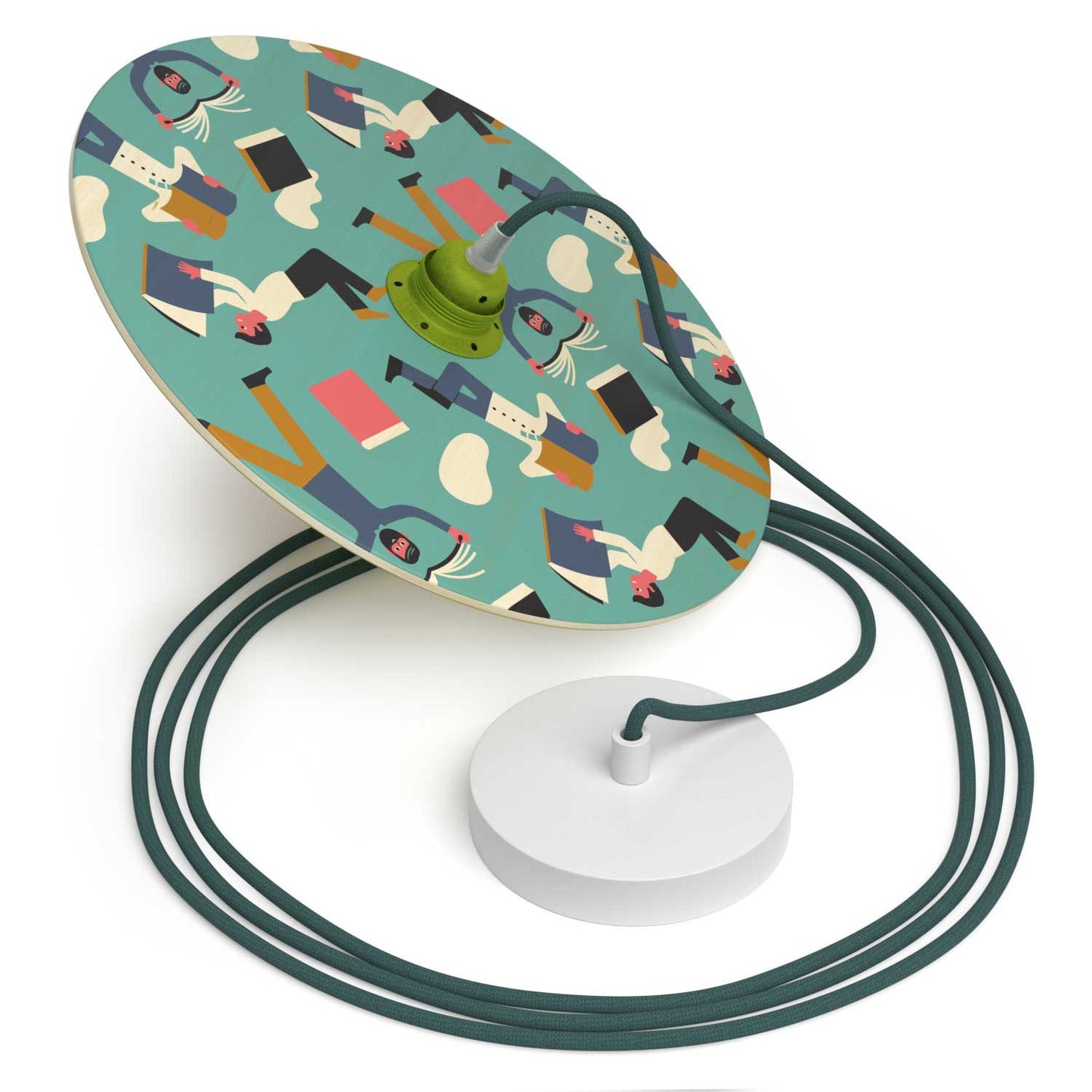 Pendant lamp with textile cable, UFO double-sided wooden lampshade and metal details - Made in Italy - Bulb included