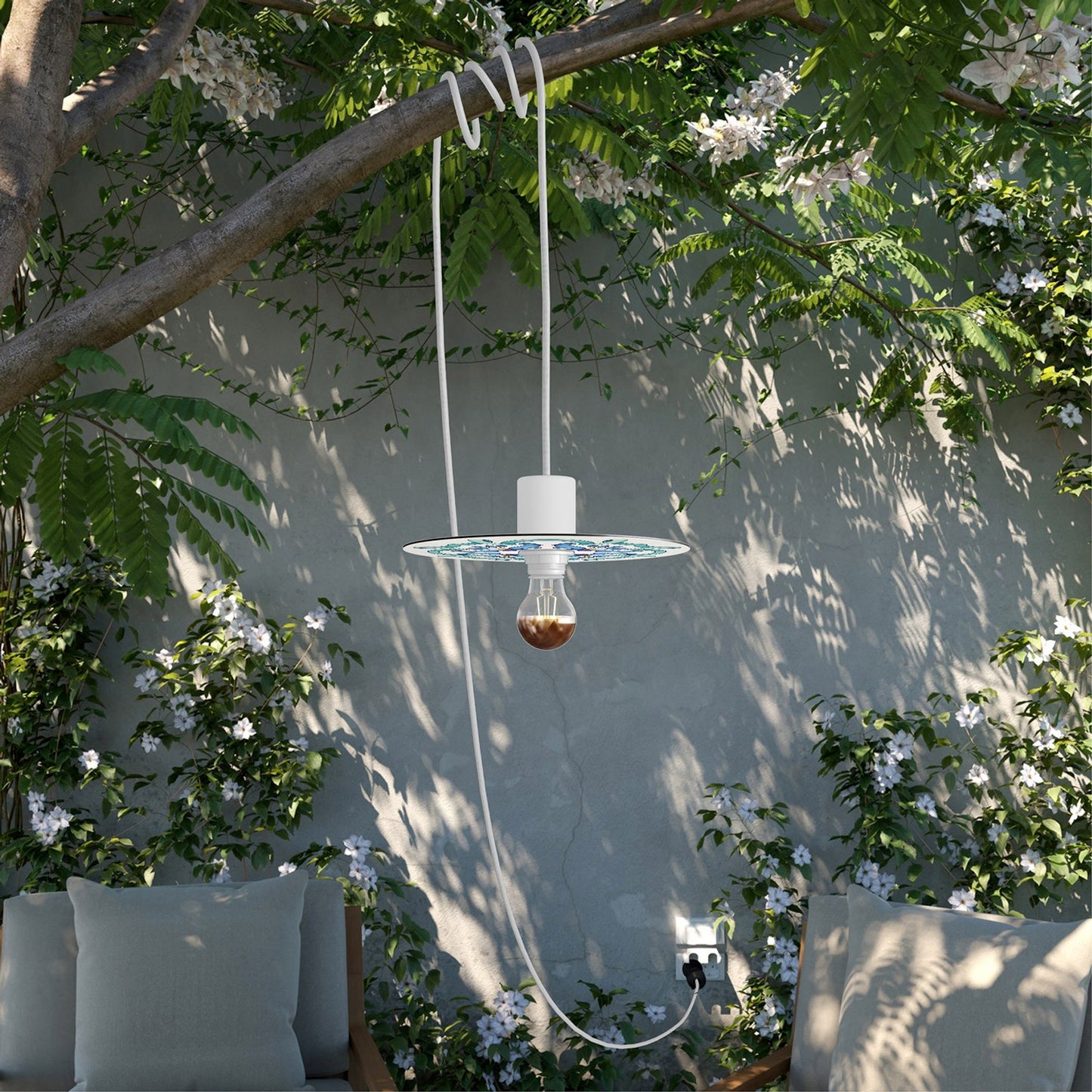 Snake Modulair with mini Ellepì 'Maioliche' Flat Lampshade, portable lamp for outdoors, with IP65 waterproof lampholder and plug