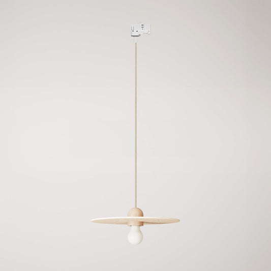 Wooden track lamp with textile cable and UFO lampshade