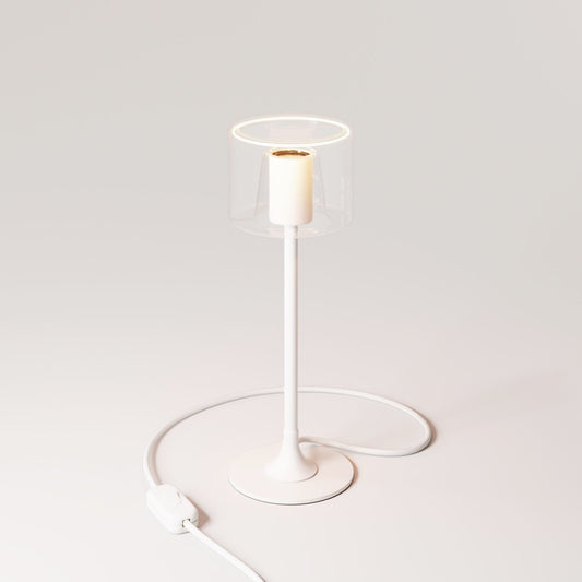 Lampada da tavolo MAG-Y con base metallica tonda e lampadina Ghost trasparente - Bianco opaco