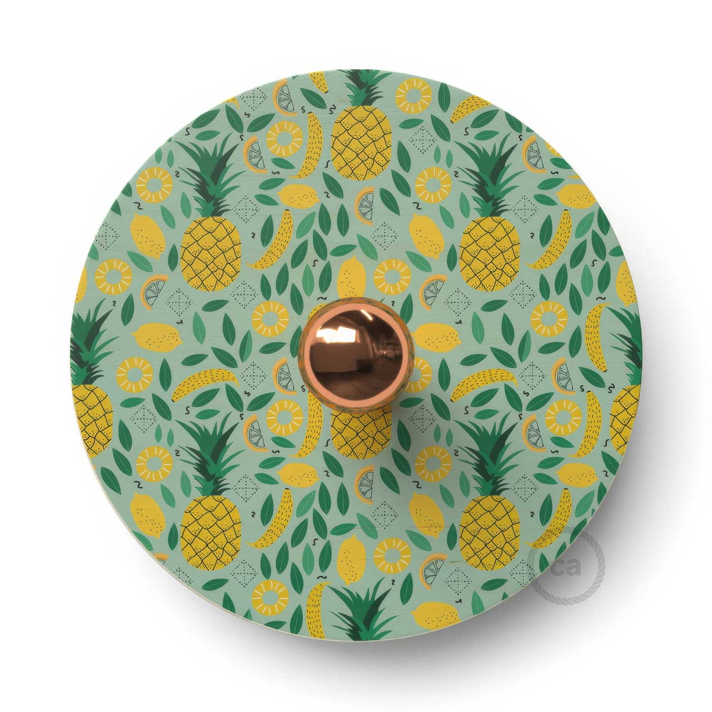 Fermaluce Etnico con paralume UFO in legno double-face illustrato da Annachiara Zaminato