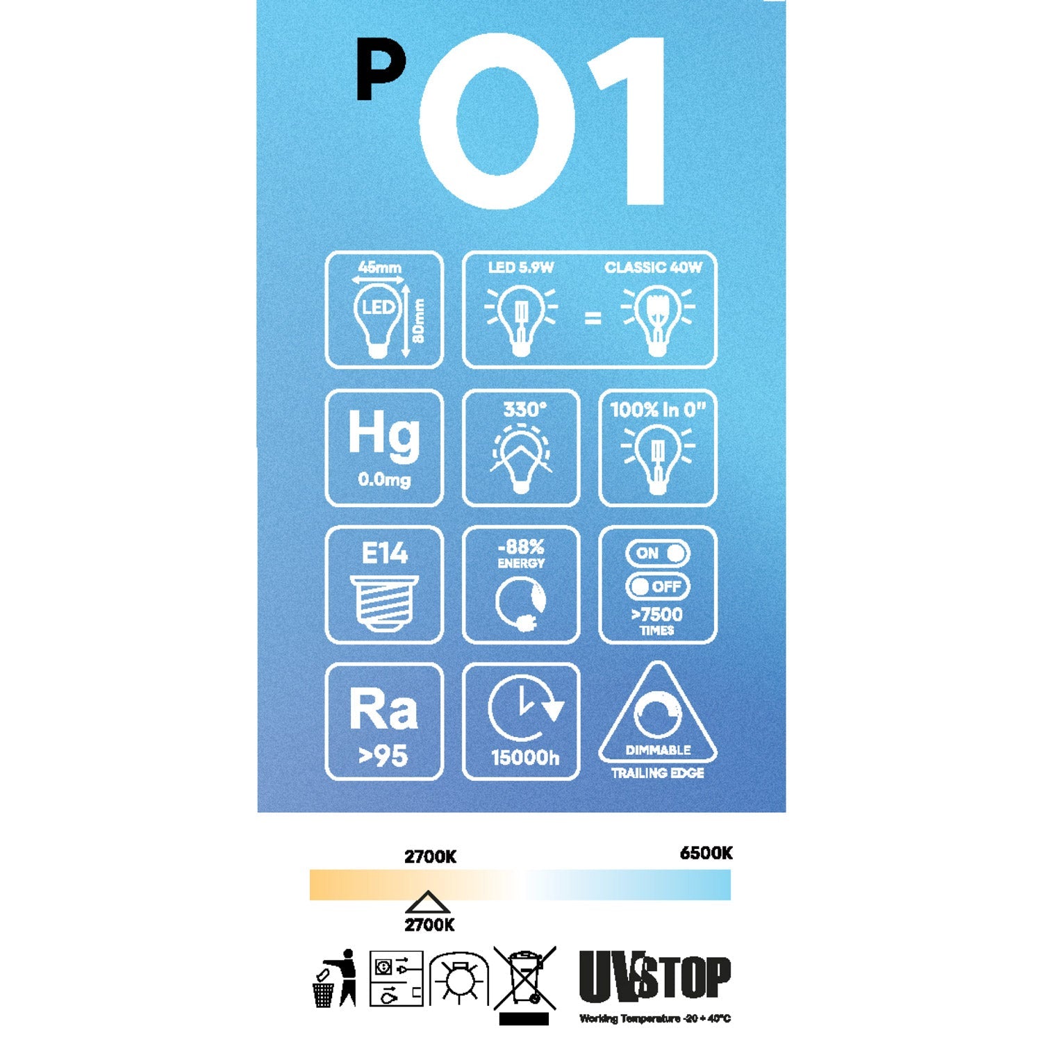 Lampadina LED Effetto Porcellana CRI 95 G45 5,9W 550Lm E14 2700K Dimmerabile - P01