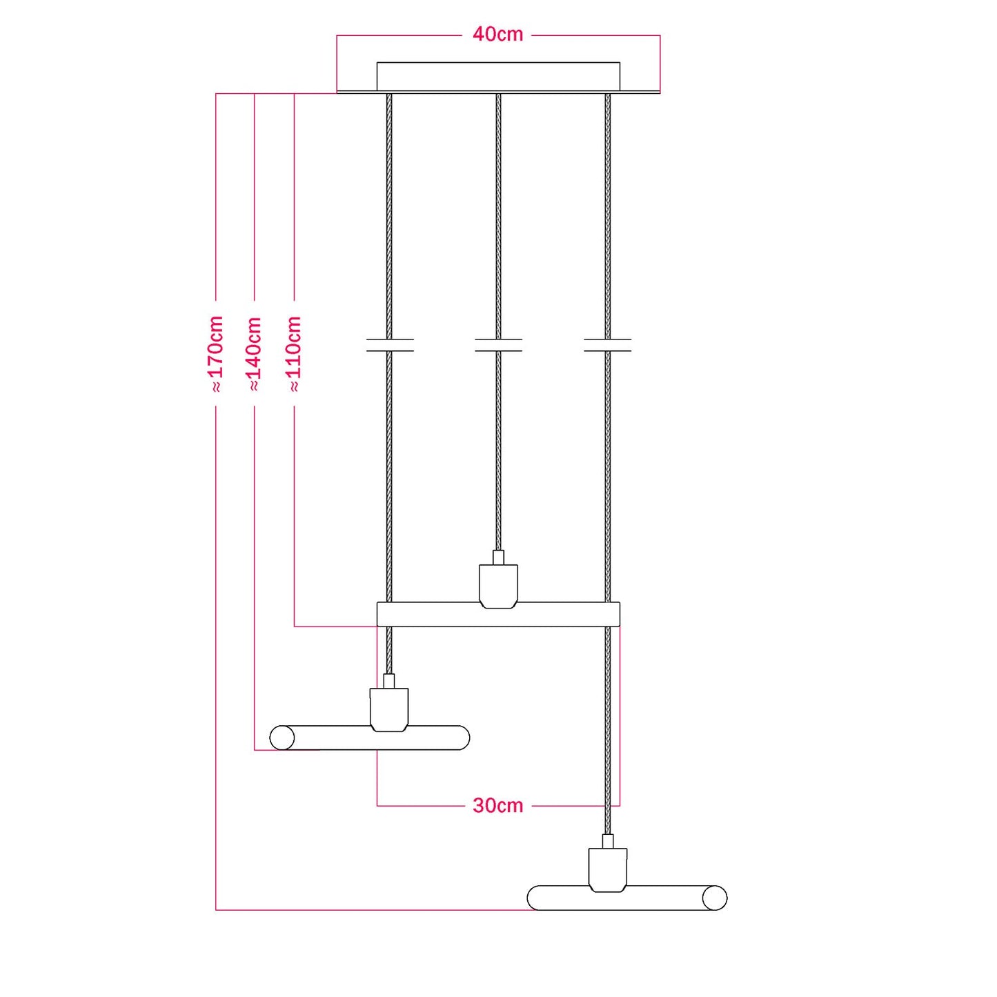 Lampada a sospensione a 3 cadute asimmetriche esse14 con Rose-One completa di cavo tessile e finiture in metallo - Bianco