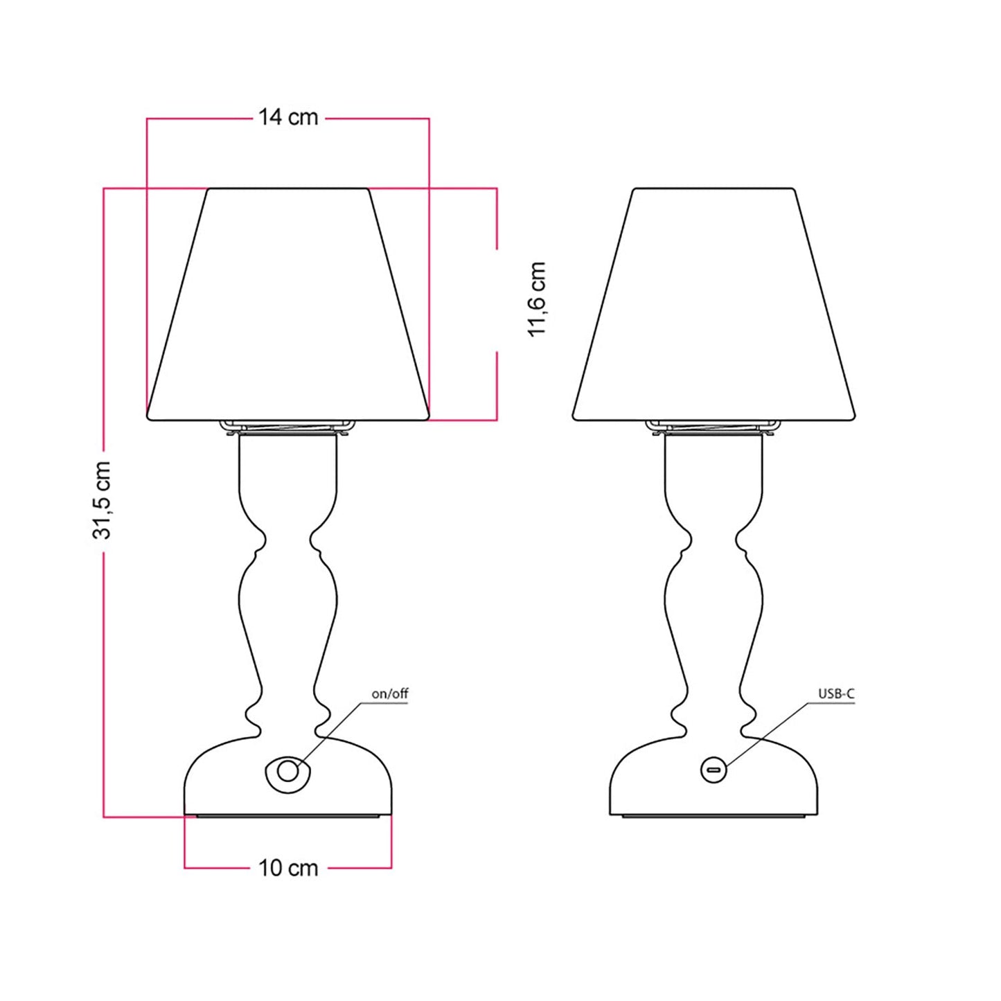 Lampada portatile ricaricabile Cabless14 con lampadina a goccia e paralume - Nero