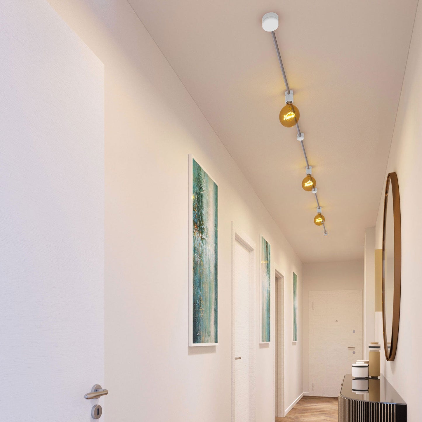 Sistema Filé Linear Kit - con cavo CM02 di 5 m per catenaria e 7 componenti in legno verniciato bianco per interni