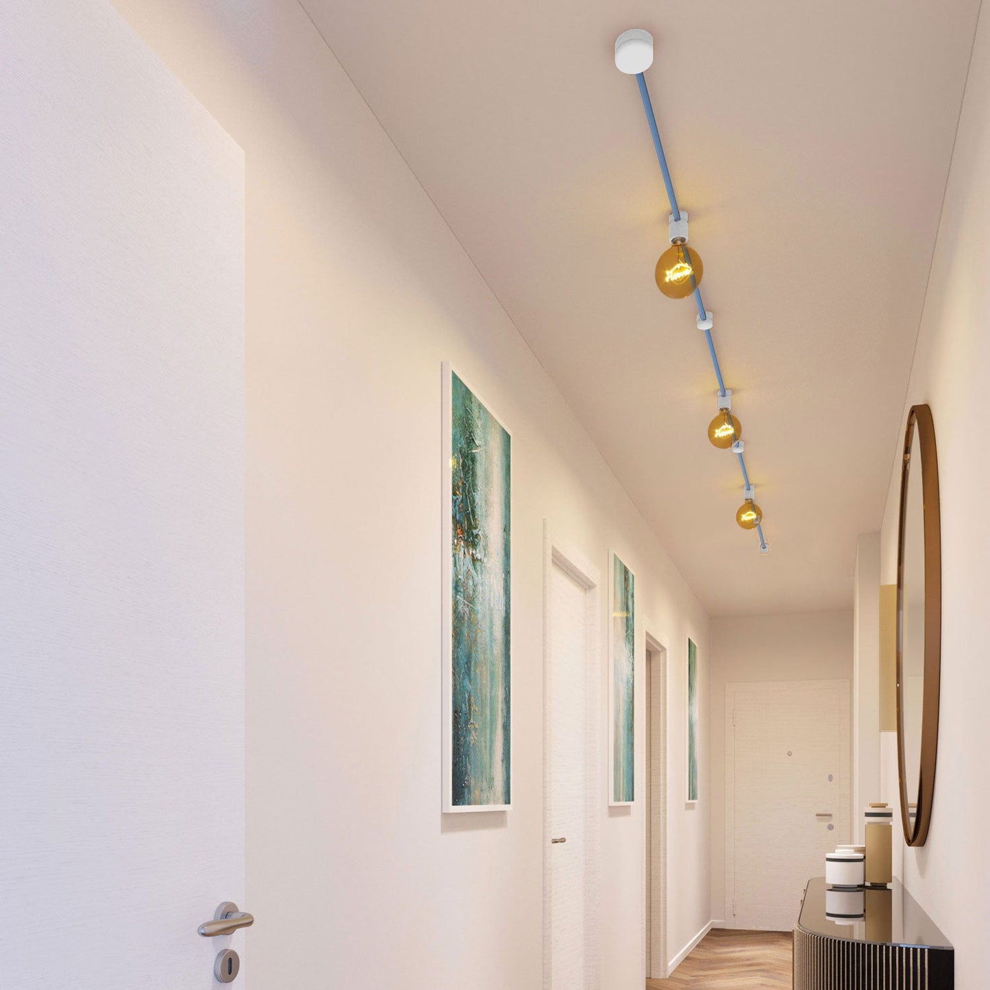 Sistema Filé Linear Kit - con cavo CM17 di 5 m per catenaria e 7 componenti in legno verniciato bianco per interni