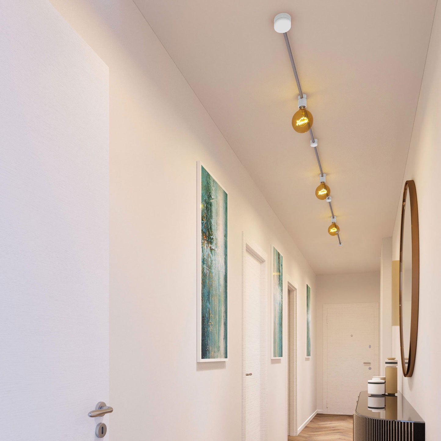 Sistema Filé Linear Kit - con cavo CZ04 di 5 m per catenaria e 7 componenti in legno verniciato bianco per interni