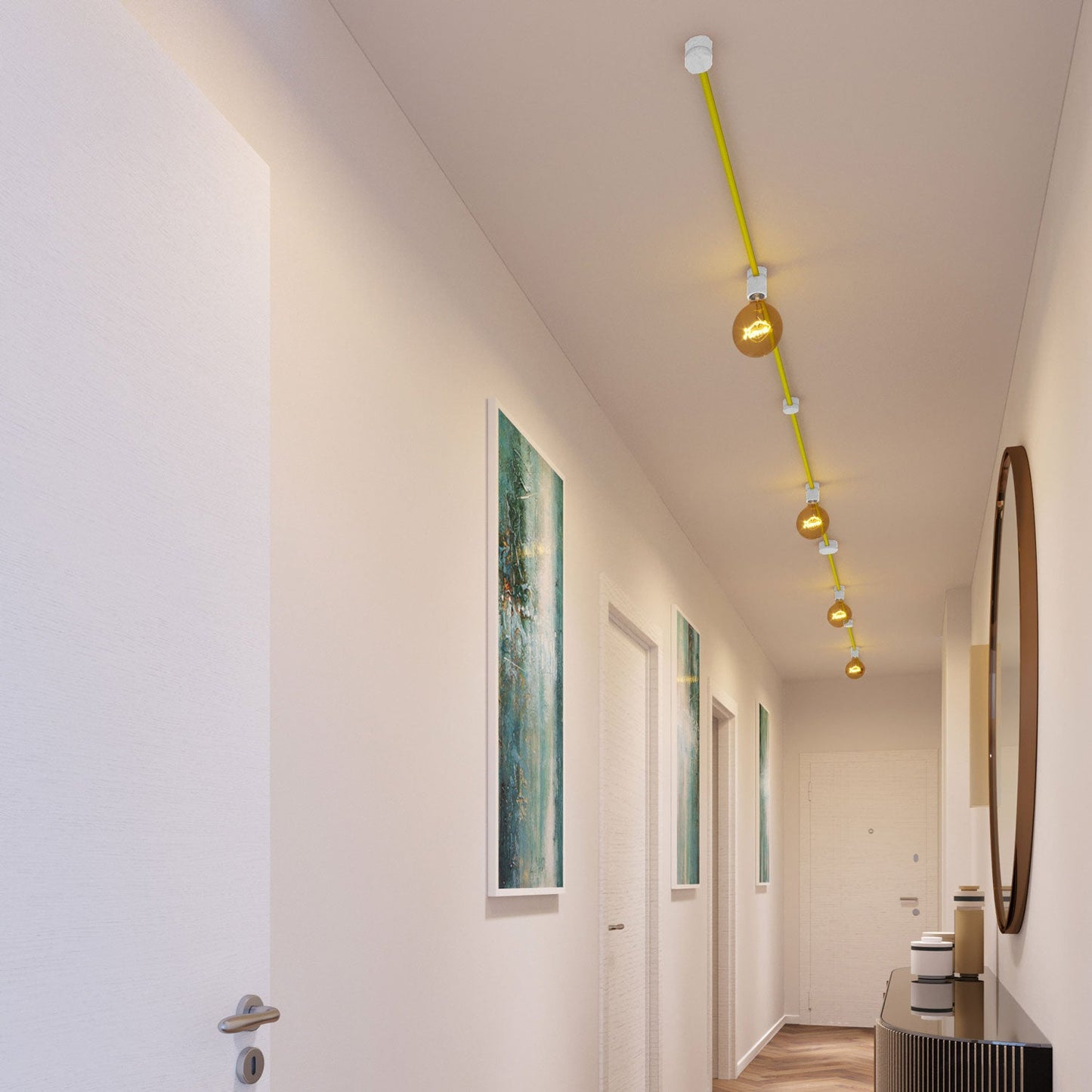 Sistema Filé Symmetric Kit - con cavo CF10 di 5 m per catenaria e 9 componenti in legno verniciato bianco per interni
