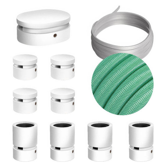 Sistema Filé Symmetric Kit - con cavo CH69 di 5 m per catenaria e 9 componenti in legno verniciato bianco per interni