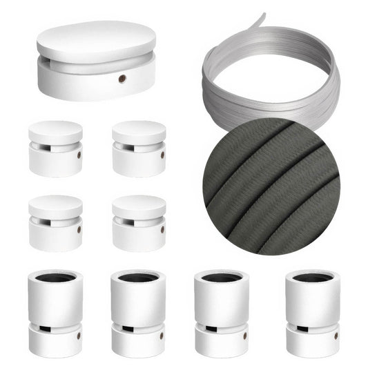Sistema Filé Symmetric Kit - con cavo CM03 di 5 m per catenaria e 9 componenti in legno verniciato bianco per interni