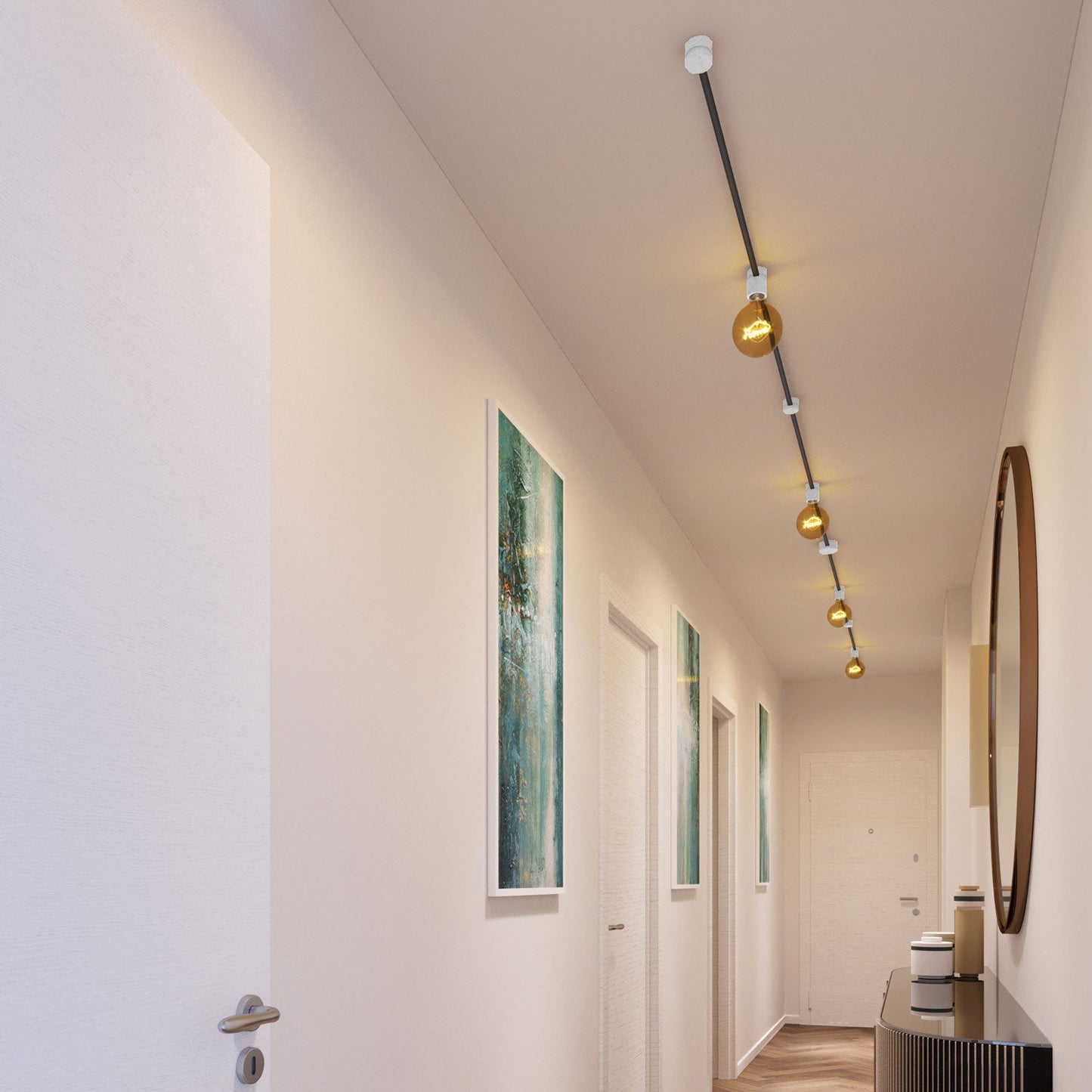 Sistema Filé Symmetric Kit - con cavo CM03 di 5 m per catenaria e 9 componenti in legno verniciato bianco per interni