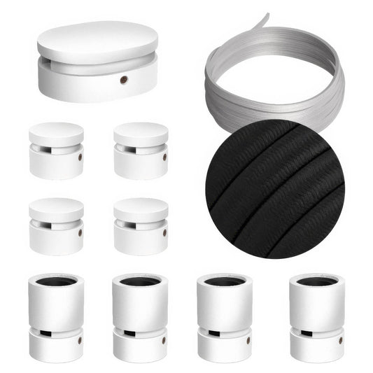 Sistema Filé Symmetric Kit - con cavo CM04 di 5 m per catenaria e 9 componenti in legno verniciato bianco per interni