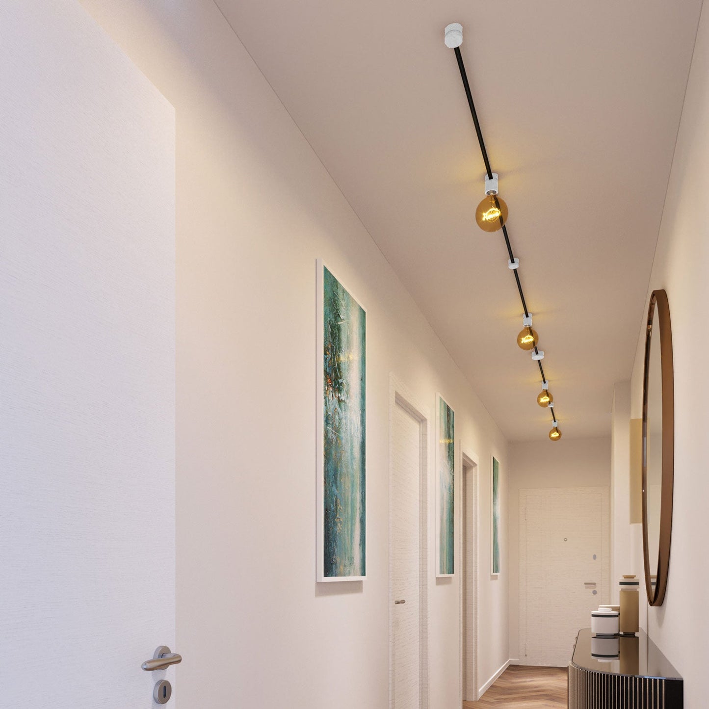 Sistema Filé Symmetric Kit - con cavo CM04 di 5 m per catenaria e 9 componenti in legno verniciato bianco per interni