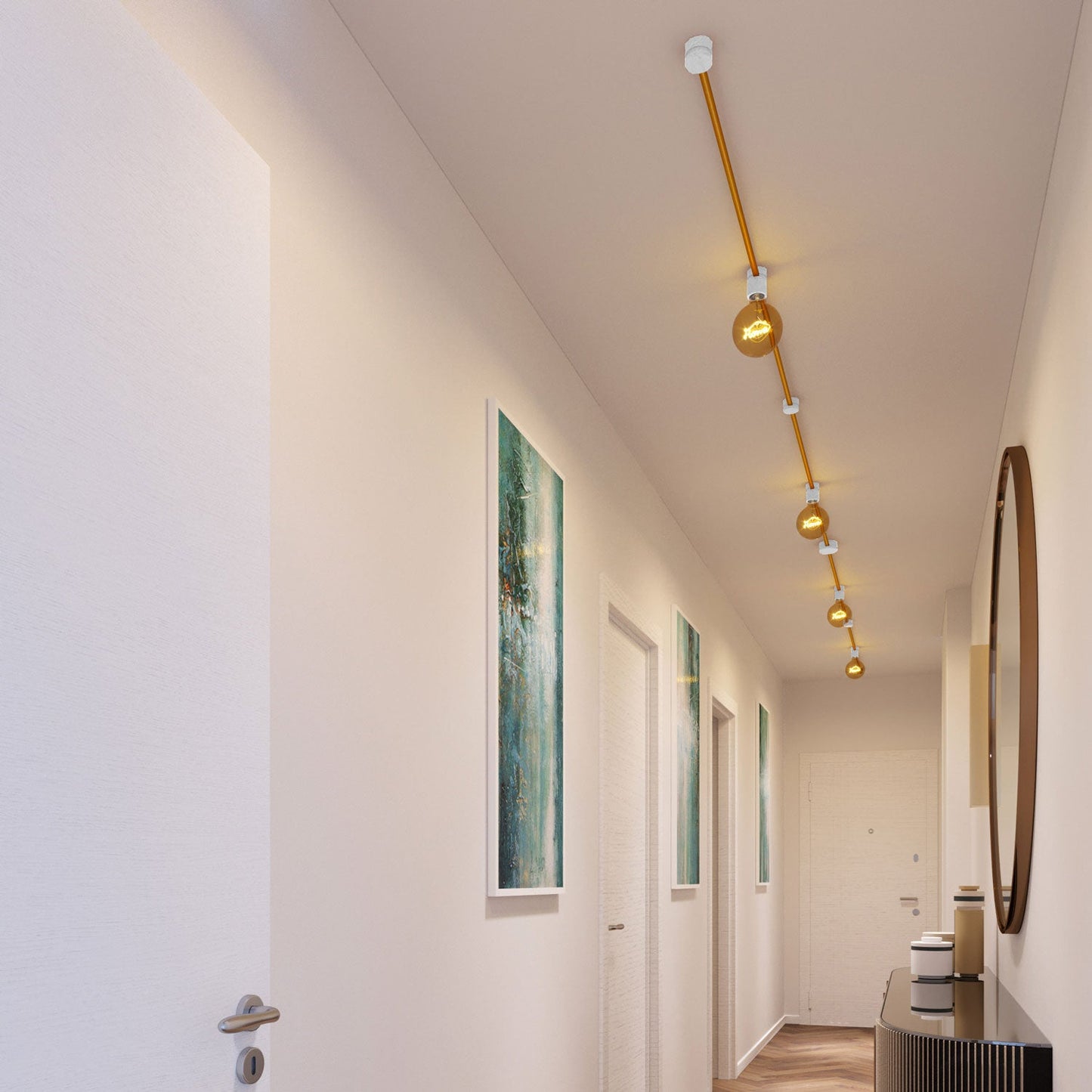 Sistema Filé Symmetric Kit - con cavo CM05 di 5 m per catenaria e 9 componenti in legno verniciato bianco per interni