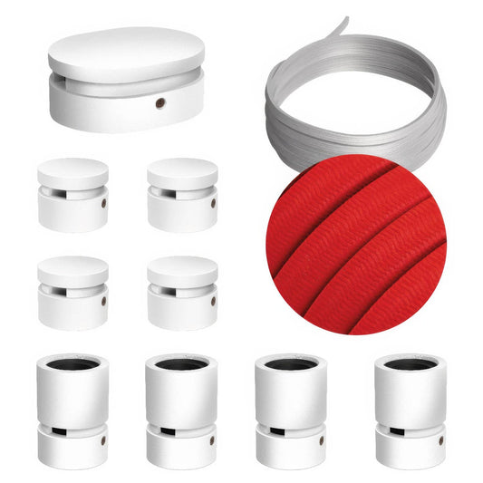Sistema Filé Symmetric Kit - con cavo CM09 di 5 m per catenaria e 9 componenti in legno verniciato bianco per interni