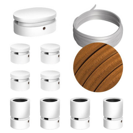 Sistema Filé Symmetric Kit - con cavo CM22 di 5 m per catenaria e 9 componenti in legno verniciato bianco per interni