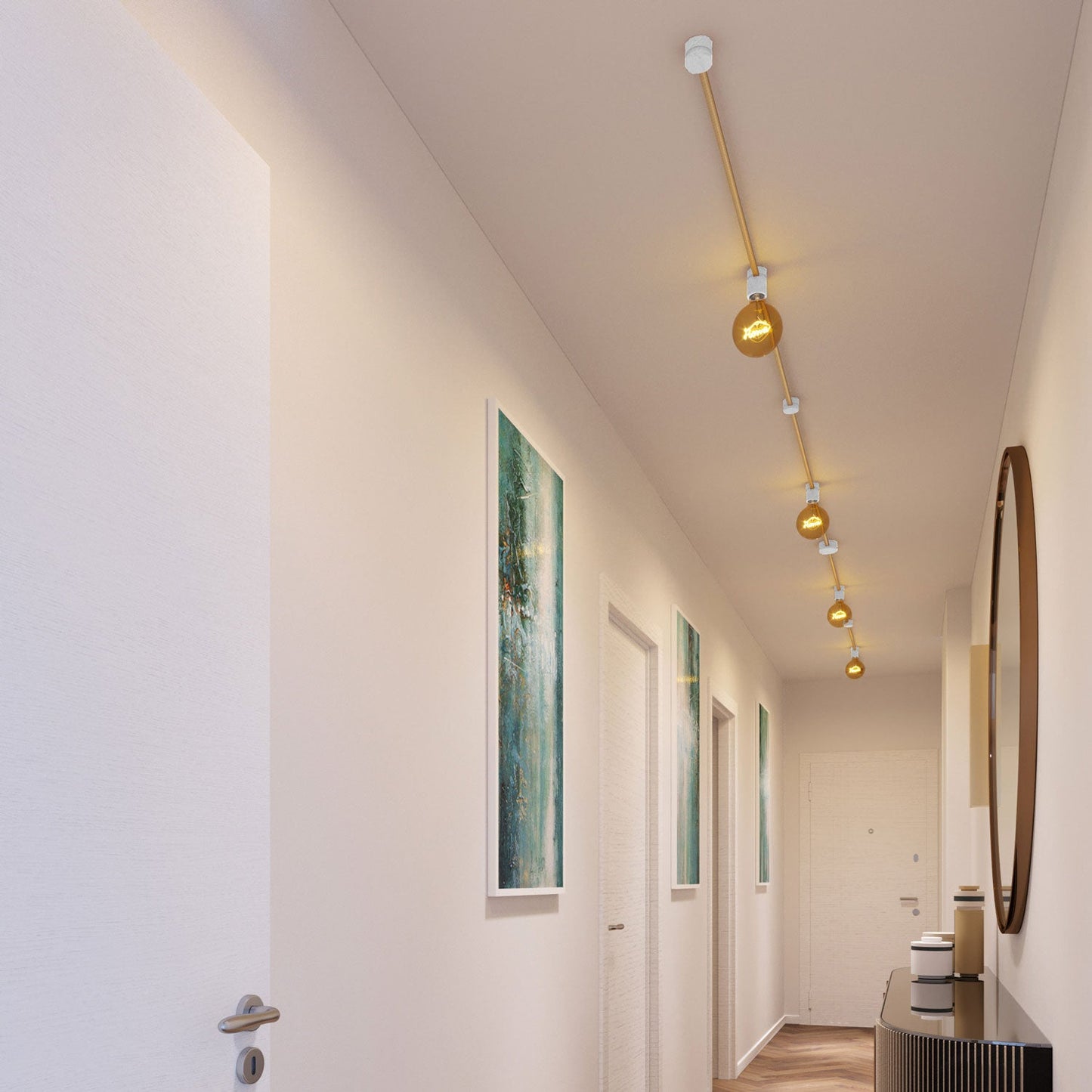 Sistema Filé Symmetric Kit - con cavo CN06 di 5 m per catenaria e 9 componenti in legno verniciato bianco per interni