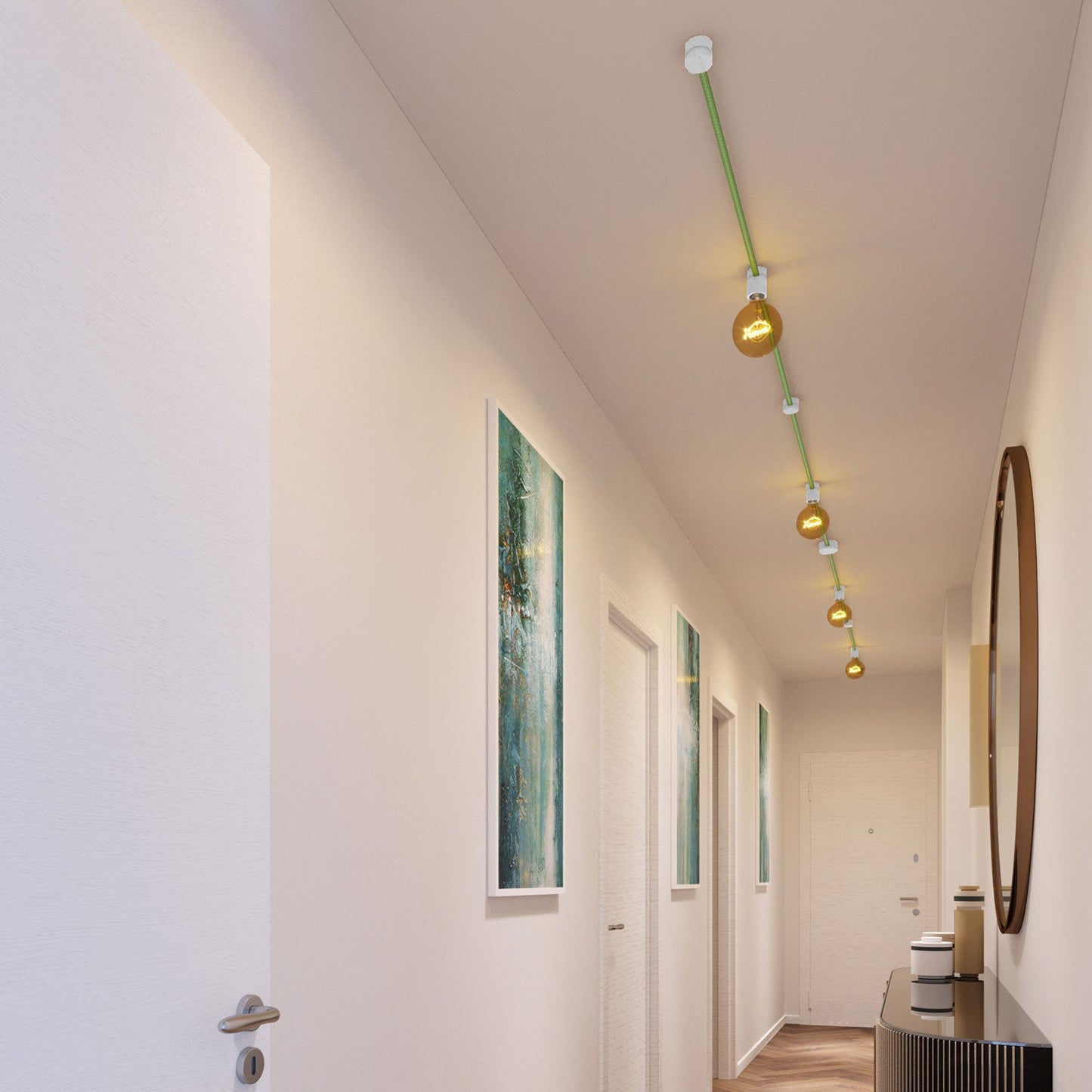 Sistema Filé Symmetric Kit - con cavo CX08 di 5 m per catenaria e 9 componenti in legno verniciato bianco per interni