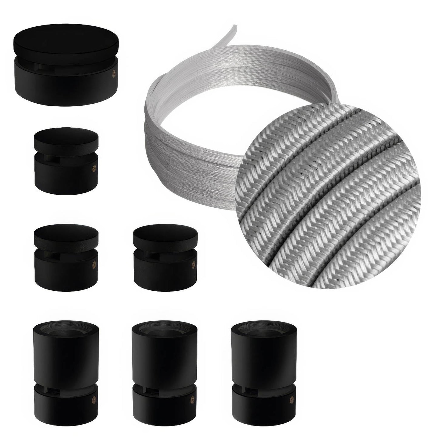 Sistema Filé Linear Kit - con cavo CM02 di 5 m per catenaria e 7 componenti in legno verniciato nero per interni