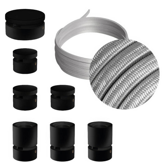 Sistema Filé Linear Kit - con cavo CM02 di 5 m per catenaria e 7 componenti in legno verniciato nero per interni