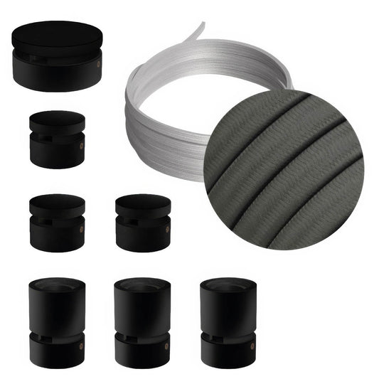 Sistema Filé Linear Kit - con cavo CM03 di 5 m per catenaria e 7 componenti in legno verniciato nero per interni