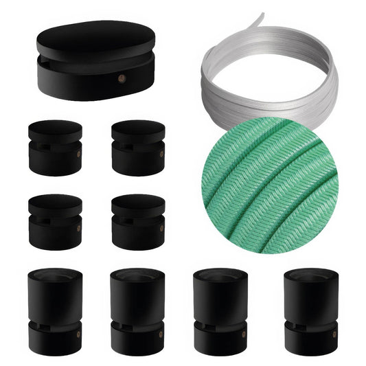 Sistema Filé Symmetric Kit - con cavo CH69 di 5 m per catenaria e 9 componenti in legno verniciato nero per interni