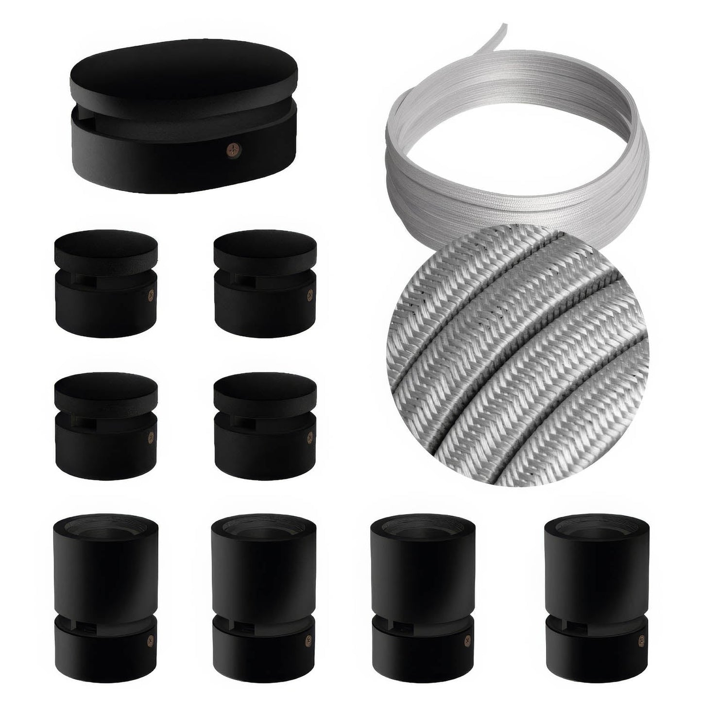 Sistema Filé Symmetric Kit - con cavo CM02 di 5 m per catenaria e 9 componenti in legno verniciato nero per interni