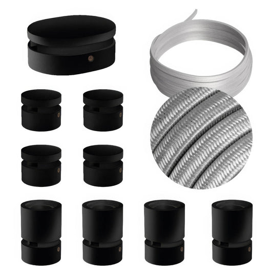 Sistema Filé Symmetric Kit - con cavo CM02 di 5 m per catenaria e 9 componenti in legno verniciato nero per interni