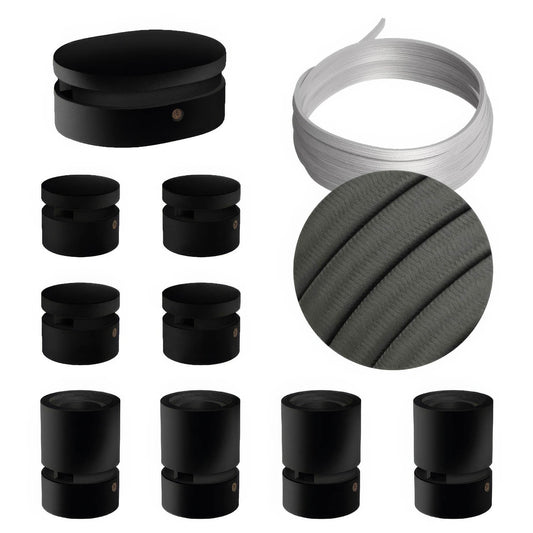 Sistema Filé Symmetric Kit - con cavo CM03 di 5 m per catenaria e 9 componenti in legno verniciato nero per interni