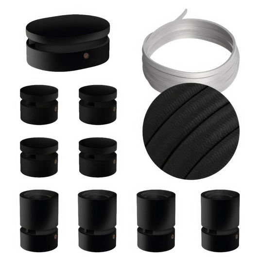Sistema Filé Symmetric Kit - con cavo CM04 di 5 m per catenaria e 9 componenti in legno verniciato nero per interni
