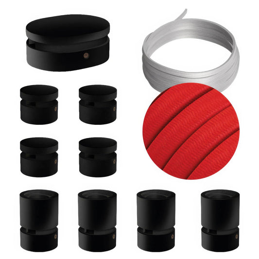 Sistema Filé Symmetric Kit - con cavo CM09 di 5 m per catenaria e 9 componenti in legno verniciato nero per interni