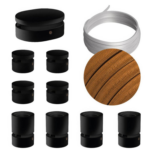 Sistema Filé Symmetric Kit - con cavo CM22 di 5 m per catenaria e 9 componenti in legno verniciato nero per interni