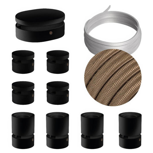 Sistema Filé Symmetric Kit - con cavo CM27 di 5 m per catenaria e 9 componenti in legno verniciato nero per interni