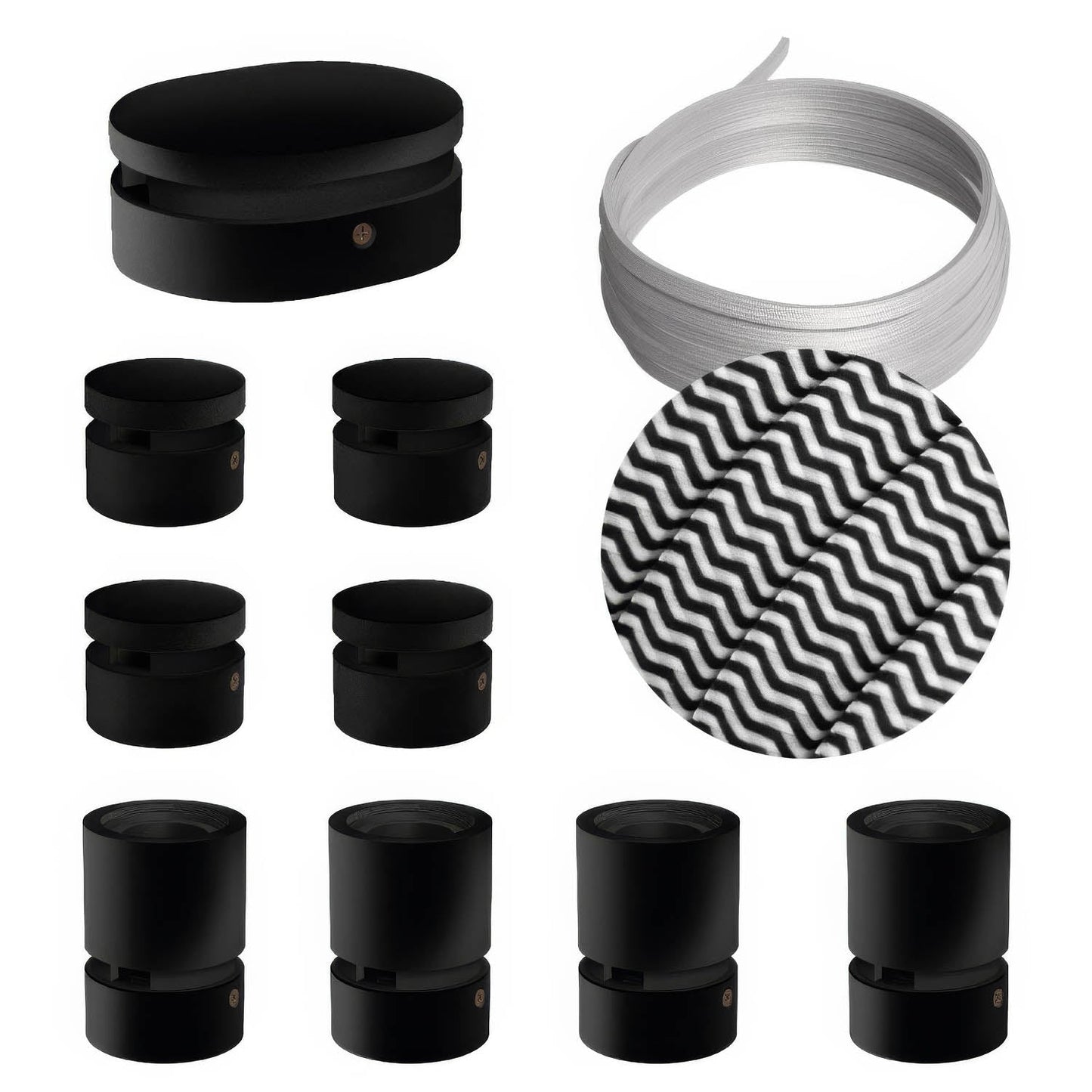 Sistema Filé Symmetric Kit - con cavo CZ04 di 5 m per catenaria e 9 componenti in legno verniciato nero per interni