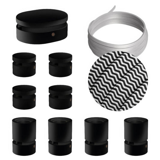 Sistema Filé Symmetric Kit - con cavo CZ04 di 5 m per catenaria e 9 componenti in legno verniciato nero per interni