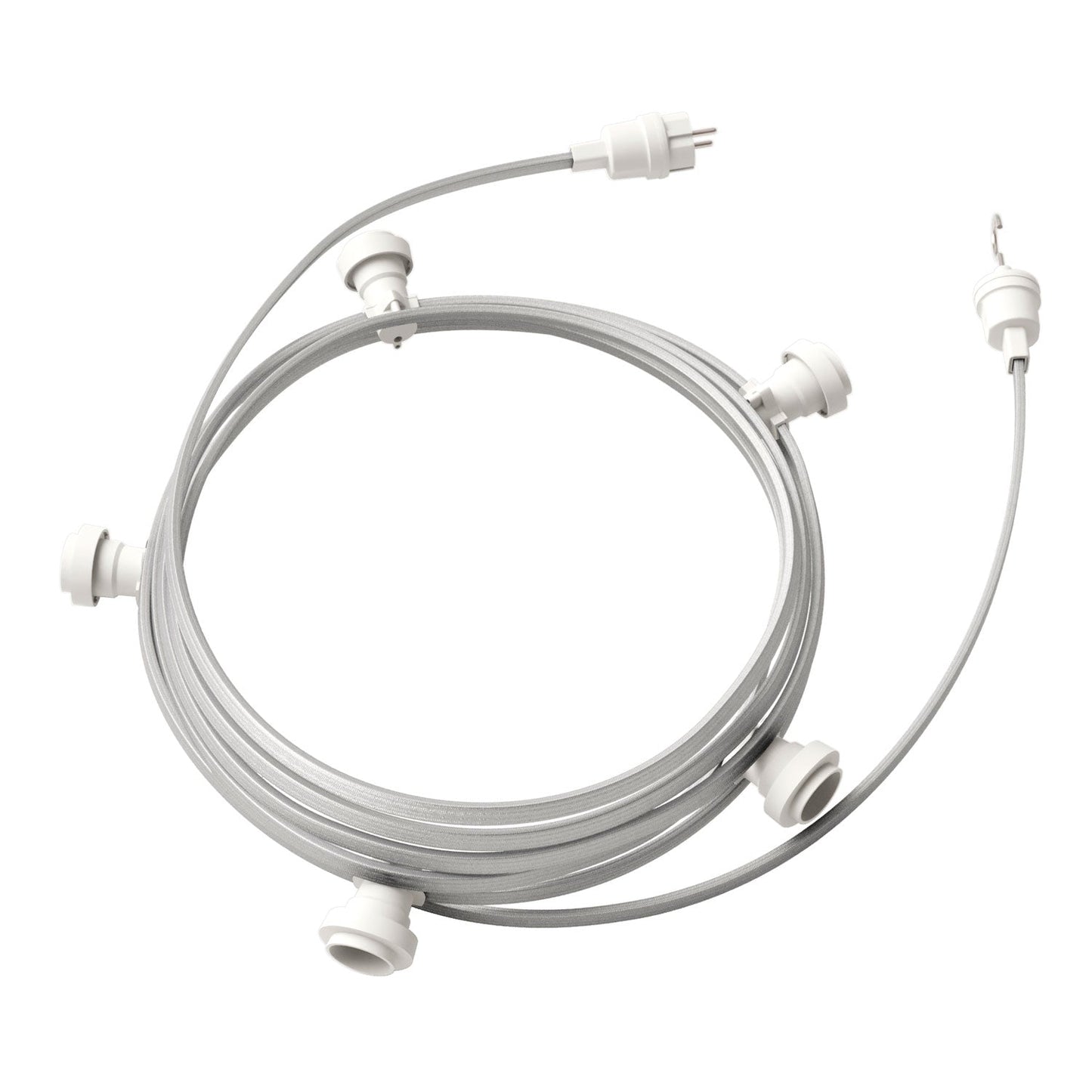 Catenaria Sistema Lumet da 7,5 m con cavo tessile CM02, 5 portalampada, gancio e spina bianchi