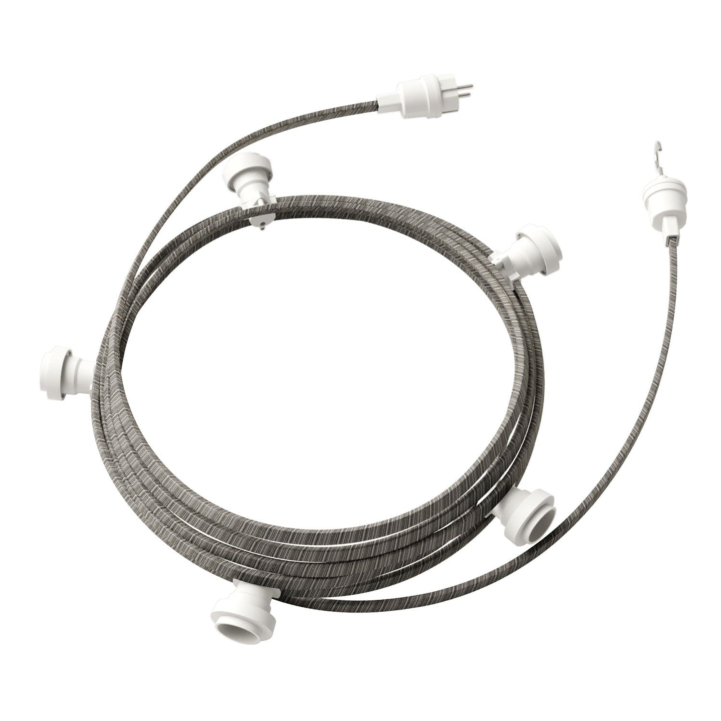 Catenaria Sistema Lumet da 7,5 m con cavo tessile ECC37, 5 portalampada, gancio e spina bianchi