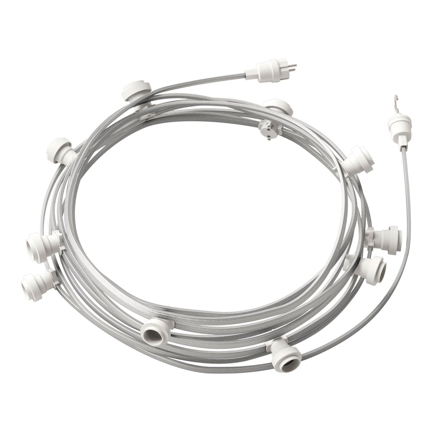 Catenaria Sistema Lumet da 12,5 m con cavo tessile CM02, 10 portalampada, gancio e spina bianchi