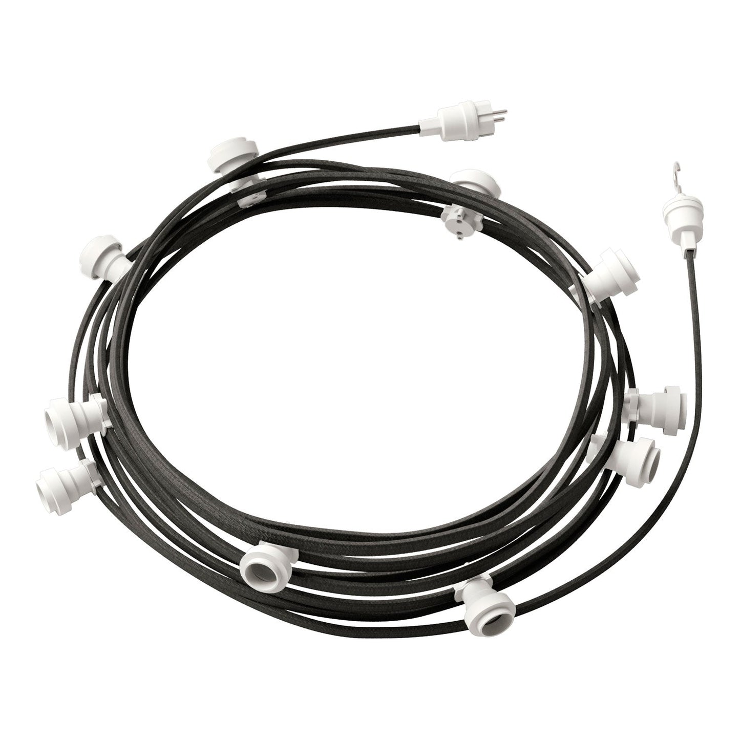 Catenaria Sistema Lumet da 12,5 m con cavo tessile CM03, 10 portalampada, gancio e spina bianchi