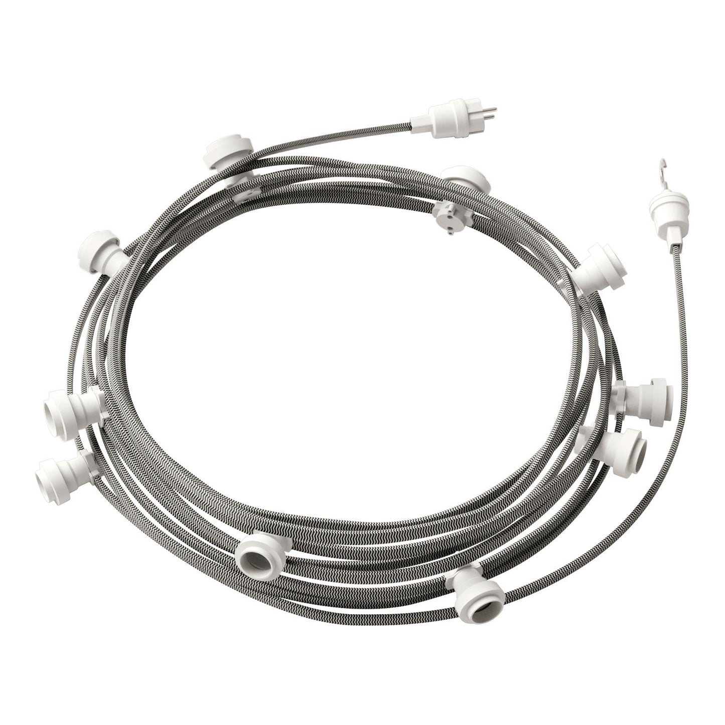 Catenaria Sistema Lumet da 12,5 m con cavo tessile CZ04, 10 portalampada, gancio e spina bianchi