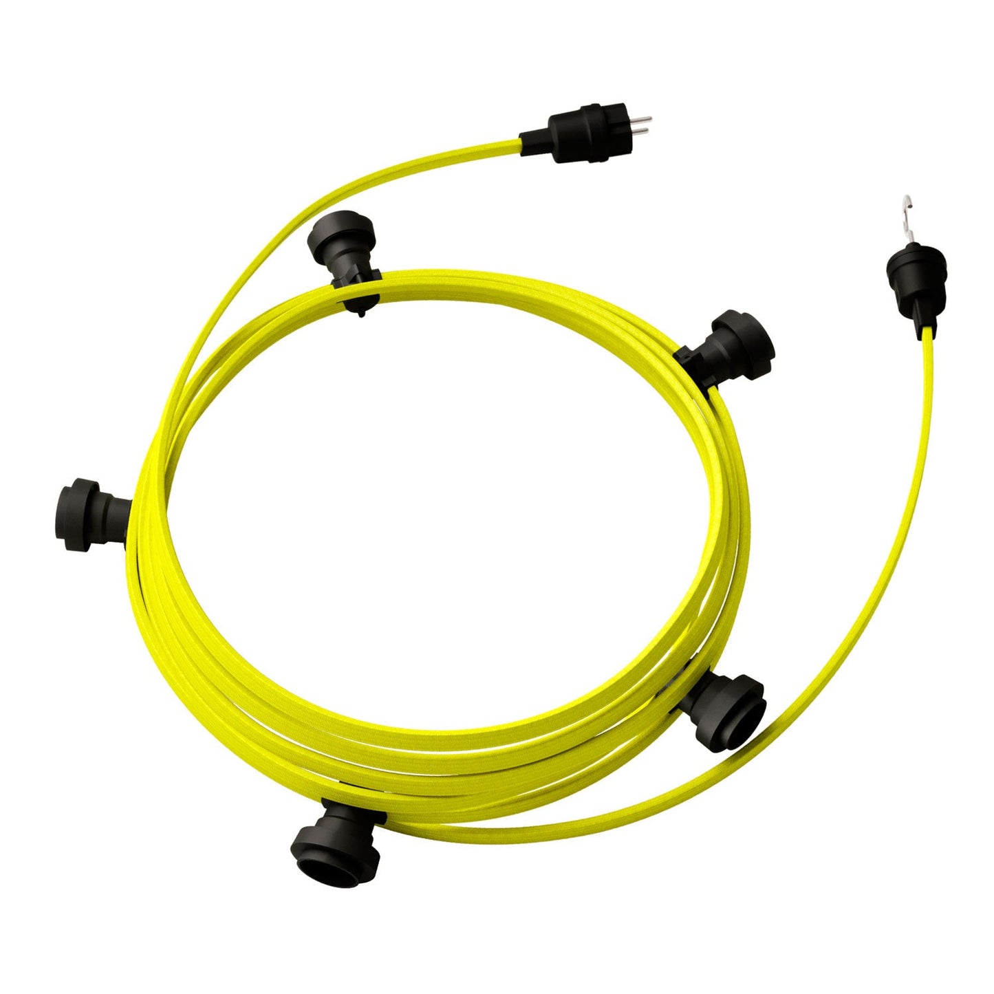 Catenaria Sistema Lumet da 7,5 m con cavo tessile CF10, 5 portalampada, gancio e spina neri