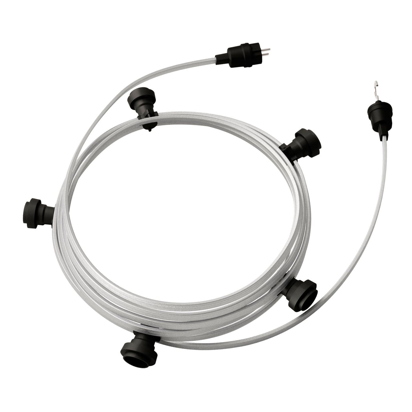 Catenaria Sistema Lumet da 7,5 m con cavo tessile CM02, 5 portalampada, gancio e spina neri