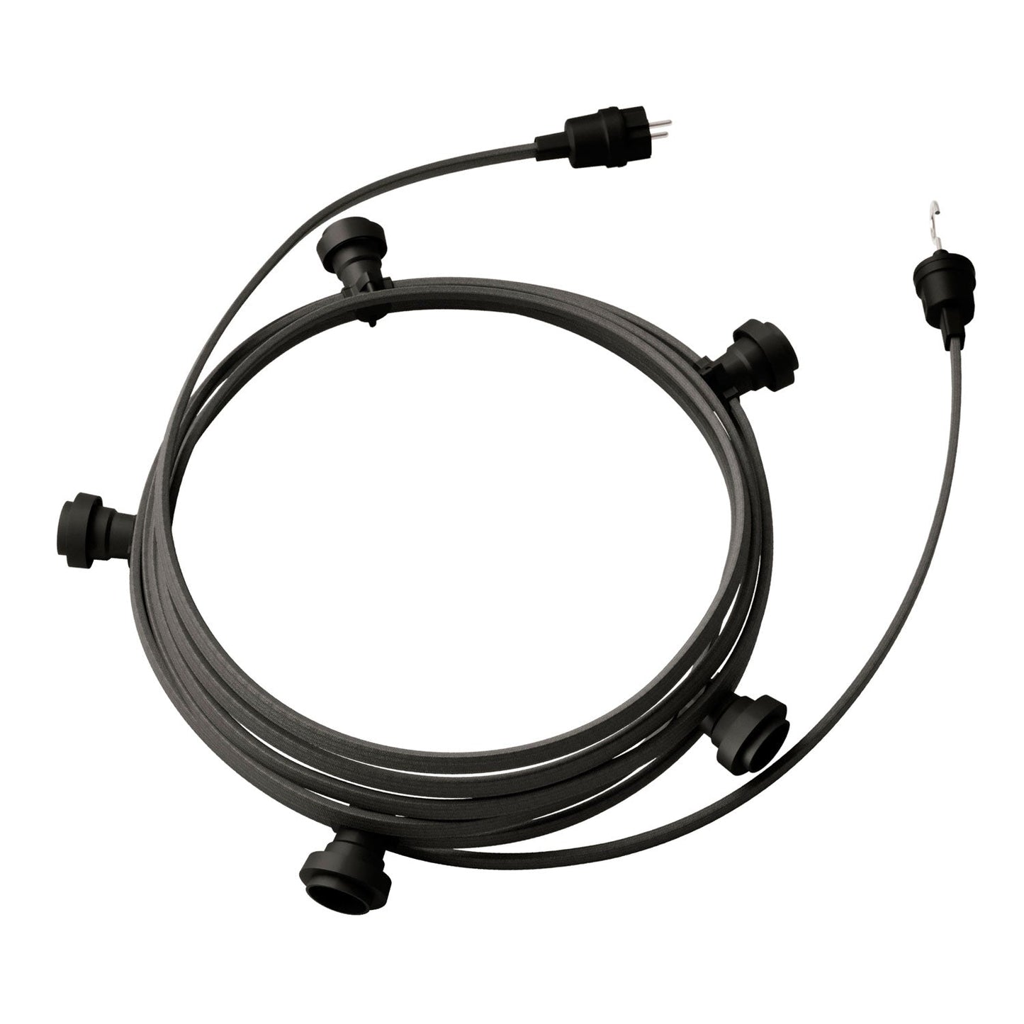 Catenaria Sistema Lumet da 7,5 m con cavo tessile CM03, 5 portalampada, gancio e spina neri