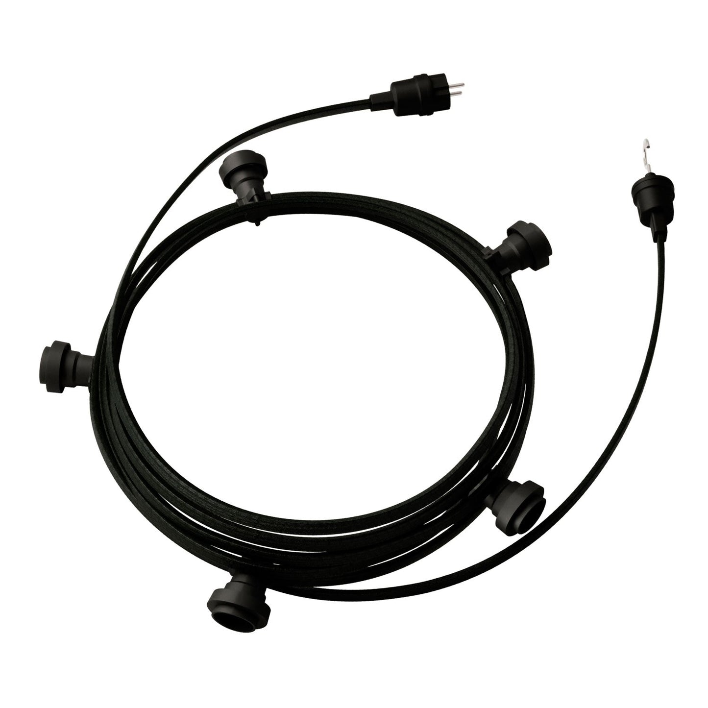 Catenaria Sistema Lumet da 7,5 m con cavo tessile CM04, 5 portalampada, gancio e spina neri